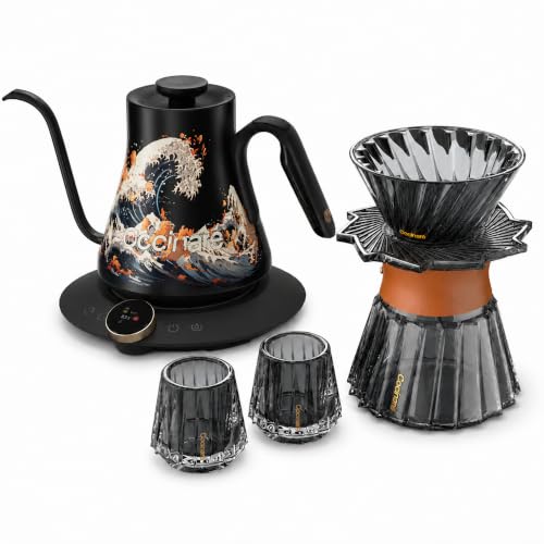 Image of Cocinare Wave Gooseneck Electric Kettle & Pour Over Coffee Set, ±0.5F Temperature Control, 1500W 0.9L Kettle, Coffee Dripper, 550 ml / 18.6 oz Server & 2 Tasting Cups