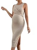 MakeMeChic Women's Maternity Ribbed Knit Sleeveless Criss Cross Tie Back Split Midi Bodycon Tank Dress Khaki S