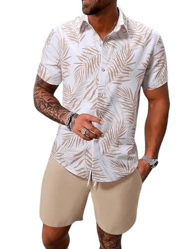 Image of Yimoon Men's Summer 2 Piece Outfits Tropical Print Short Sleeve Button Down Hawaiian Beach Shirt and Shorts Set