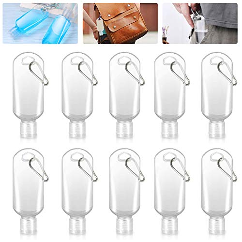 Vockvic Botellas de Viaje Portátiles, 10 Pcs 50ml Botellas Vacía Rellenable Contenedores de Viaje de Plástico Transparente Prueba de Fugas con Mosquetón para Desinfectante de Manos Cosméticos Loción