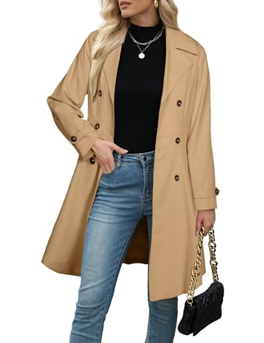 Simplee Womens Trench Coat Double-Breasted Long Dressy Overcoat Windbreaker Classic Lapel Fall Outerwear (Khaki M)