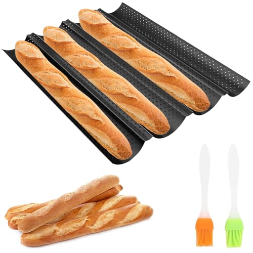 iPobie Bandeja para Baguette,Baguette Bandeja para Hornear,Molde para Hornear de Barra de Pans Francés Antiadherente Hornear 4 baguettes,con 2 cepillos