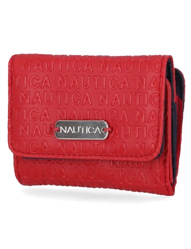 Image of Nautica Rower's End Small Wallet for Women, RFID Blocking Slim Credit Card Holder with Zipper Coin Pocket, Bifold Compact Womens Wallet with ID Window in Red Logo