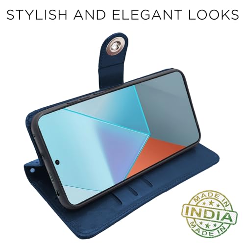 Image of Pikkme Redmi Note 13 Pro 5G Flip Cover Leather Finish | Inside TPU with Card Pockets | Wallet Stand and Shock Proof | Complete Protection Button Flip Case (Blue)