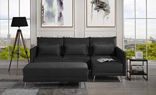 Upholstered 88.1" inch Velvet Sectional Sofa, L-Shape Couch with Rectangular Ottoman (Dark Grey)