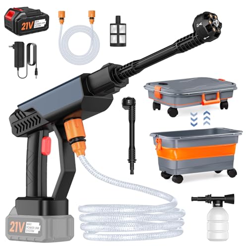 Hidrolimpiadora Bateria, 30 Bar Hidrolimpiadora de Alta Presion con Depósito Plegable 22L, Boquilla 6 en 1, Manguera de 5 m, Pistola De Agua a Presión para Coche, Jardín (con 1 x 3,0 Ah batería)