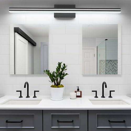 Image of SineRise 48-Inch LED Modern Bathroom Vanity Light Bar, Matte Black Modern Acrylic Bathroom Wall Lighting Fixtures Over Mirror (Cool White 6000K)
