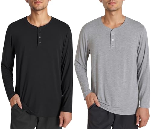 Latuza Men's Long Sleeve Pajama Shirt 2 Pack Henley Neck Sleep Tops