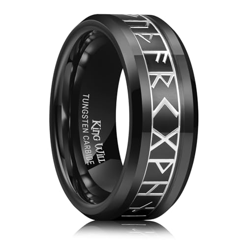 King Will Tungsten Carbide Wedding Band for Men - 8mm Black/Silver/Gold Inlay with Norse Viking Rune & Hawaii Koa Wood Mens Ring, High Polished Beveled Edge for Daily Wear, Comfort Fit Size 7-14