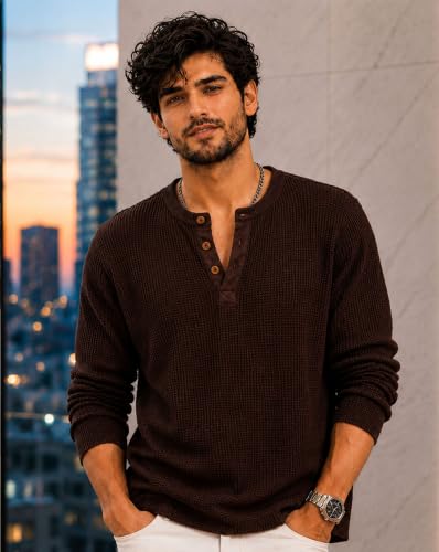 Image of AUSK Men's Waffle Knit Henley T-Shirt | Cotton Blend Full Sleeve Textured Casual T Shirt | Regular Fit Button Placket Round Neck Tshirt for Men