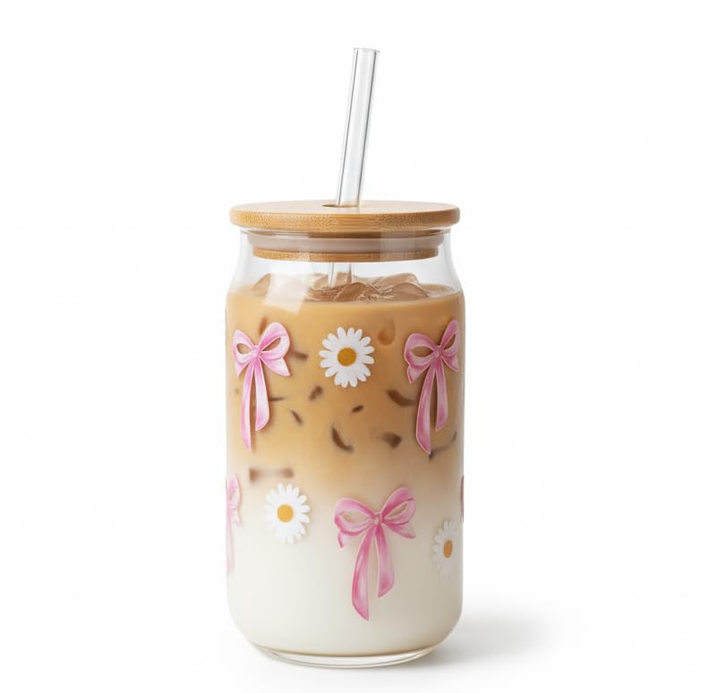Image of THE UMBRELLA STORE Glass Tumbler Bamboo Lid and Straw, Coffee Tumbler, Reusable Glass (Bows and Daisies)