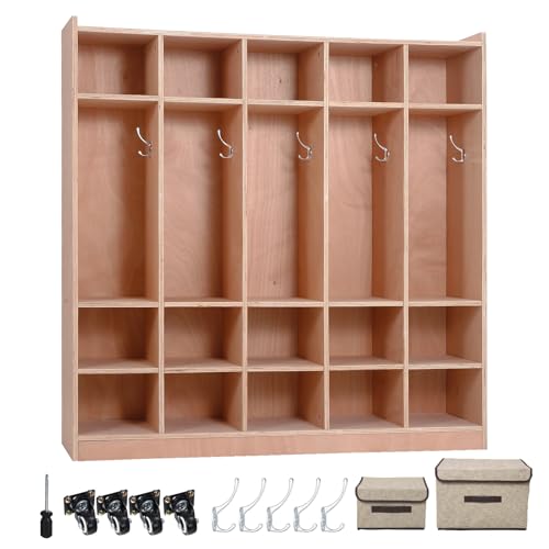 Garvee 5-Section Classroom Coat Locker, 15 Cubbies for Classrooms with Anti-tip Anchors, Daycare Cubby with 4 casters, 5 Hooks and 2 Storage Boxes, fo