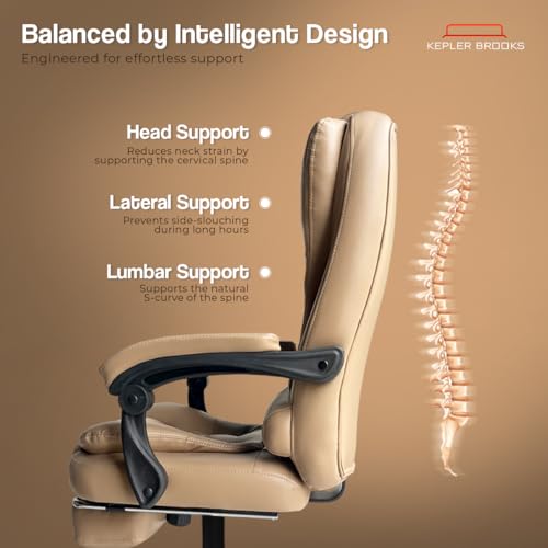 Image of Kepler Brooks Italia Premium Leatherette Office Chair for Work | 3-Years Warranty | Boss Chair for Office, Ergonomic Executive Chair, Cushioned Arms & Seat, Leg Rest,Heavy Duty Metal Base (Almond)