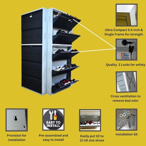Image of I Metal Shoe Rack I Double Lock I Slim and Wall Mounted I 5 Shelves (Grey Colour) I Coad LC 2L-05 GR I Height 71.5 Inches, Width 29 Inches, Depth 5.5 Inches I 3 Years Warranty.