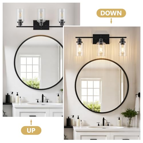Image of Jonsi 3 Light Modern Black Bathroom Vanity Lights with Fluted Glass Shade, Modern Black Bathroom Lights Over Mirror