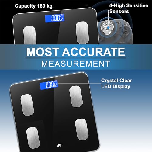 Image of ANT Aura Smart Digital Body Fat Scale with Bluetooth | Accurate Weighing Machine for Body Weight, BMI, Muscle Mass, Body Composition | 180Kg Capacity - Black