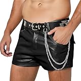 Generisch Herren Kurze Stoff Hose Kunstleder Clubwear Bühnenkostüm für Männer Slim Fit PU Hot Pants Seitliche Kettendekoration Kann mit Gürtel Befestigt Werden Freizeitshorts Streetwear