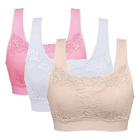LAKOYA 3 Pieces Women's Sports Seamless Bra Breathable Ladies Sexy Lace Bras Removable Padded Bralette Push up Underwear for Yoga Fitness Exercise Tank Tops Cover