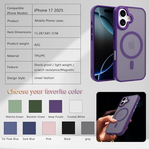Image of Magnetic for iPhone 17 Phone Case, [Compatible with MagSafe], Screen Protector X1, [Military Grade Drop Protection],Matte Finish,Slim,Shockproof,Protective (Purple, iPhone 17)