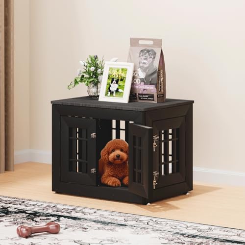 26"Heavy Duty Dog Crate Furniture for Small,Medium and Large Dogs,Rustic Wooden Dog Cage Kennel Indoor Furniture with Waterproof Top,Decorative Pet House Side End Table (Black)