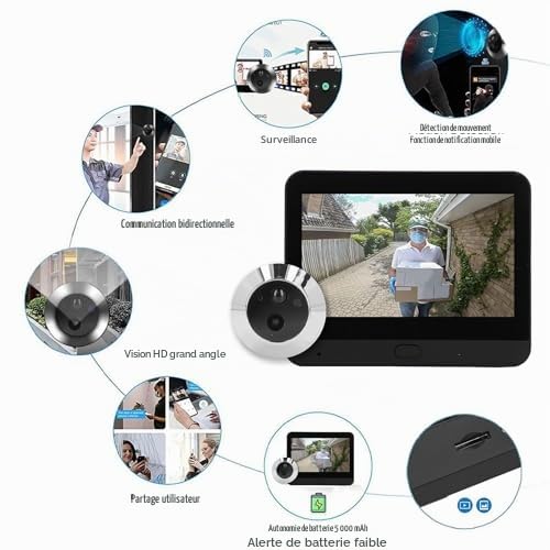 Caméra Judas pour Visionneuse de Porte, Sonnette Vidéo Numérique WiFi avec Vision Nocturne et Détection de Mouvement, Caméra de Porte Numérique à écran LCD IPS de 4,3 Pouces