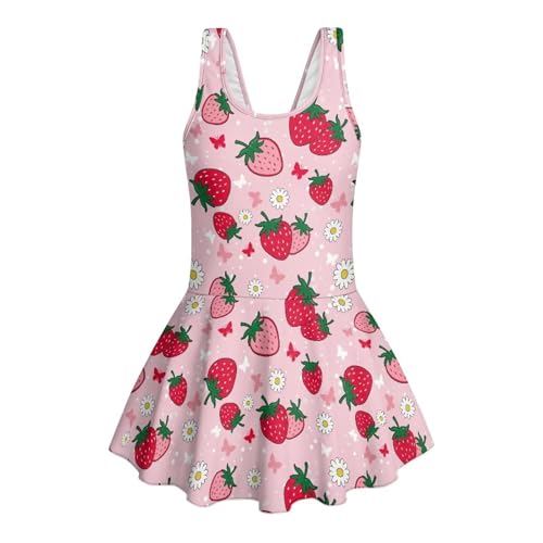 Noteligou Daisy Strawberry Girls One Piece Swimsuit 10-12 Years Sweet Floral Fruit Mix Bathing Suit with Skirt Quick Dry Adorable Swim Dress for Berry Picking Trips Sunny Outings Girly Summer Fashion