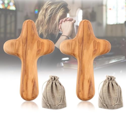 2PCS Holding Cross Olive Wood 10cm, Wooden Holding Cross Small Crucifix with with Portable Woven Linen Sack Handcrafted Religious Keepsake Religious Christian Faith for Men and Women Christian Gifts
