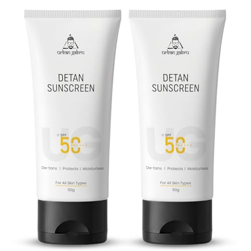Image of Urbangabru Detan Sunscreen SPF 50 PA++++ for Men | Pack of 2 | No White Cast, Lightweight & Non-Sticky | Niacinamide & Kojic Acid | UVA /UVB Sun Protection | All Skin Types | 2 x 50gm