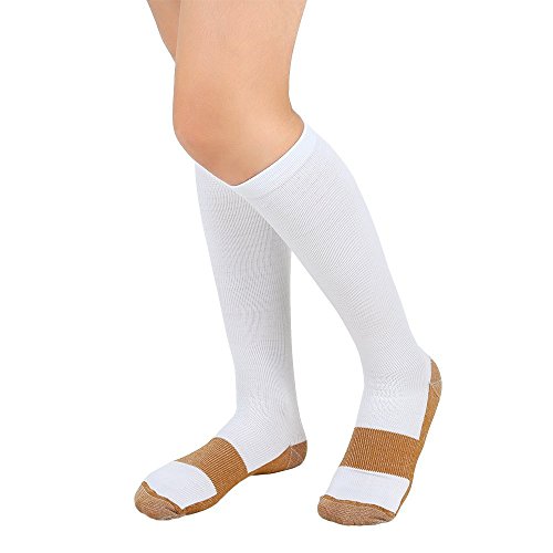 Bcurb Graduated Compression Socks (1 Pair) Below Knee Calves High Support Recovery Stockings Aid Blood Circulation Relieves Feet Foot Calf Ankle Pain and Aches (White/Gold,"Small/Medium")