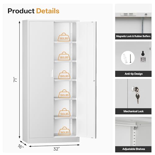 Image of Metal Garage Storage Cabinets,71 inch Tall Metal File Cabinet with 5 Adjustable Shelves, Lockable Storage Cabinets for Office, Home, Garage, Warehouse 71 inch H x 32 inch W x 16 inch D (White)