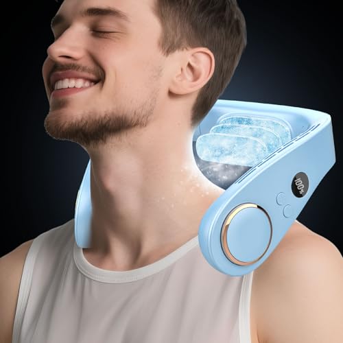 Face Fan Neck Cooler -Around the Neck Air Conditioner Hanging Neck Fan,Cordless Bladeless Headphone Battery Cooling Neck Cooler Device,Birthday Gifts for Home,Office,Outside,Travel,Sports Blue