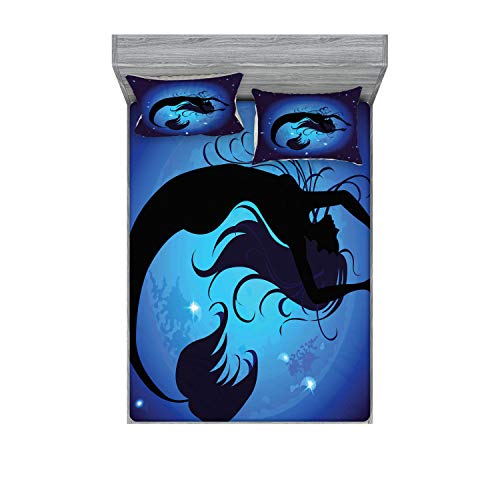 Ambesonne Mermaid Fitted Sheet & Pillow Sham Set, Silhouette of Aquatic Girl on Moon Sky Background Fictional Print, Decorative Printed 3 Piece Bedding Decor Set, King, Purple Black