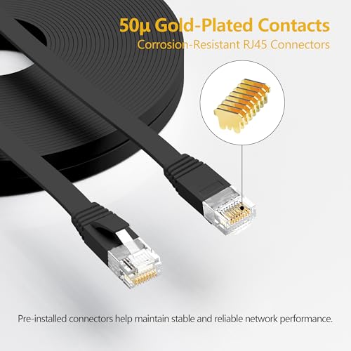 Image of Jadaol Cat6 Ethernet Cable 25FT with Clips 10Gbps Flat Network Cable, Black (Pack of 2)