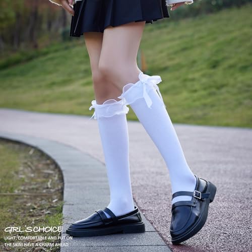 Image of AMHRLINGTO Women's Lace Ruffle Frilly Ankle Socks - Girl Cotton Knee High Socks with Bow Lace Ruffle Trim