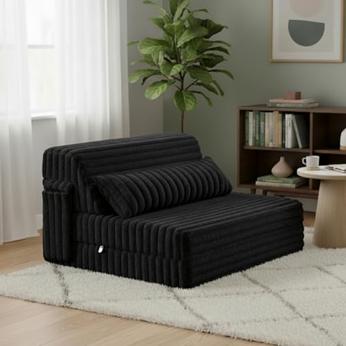 Image of Tiita Folding Sofa Bed Twin Size, Convertible Sleeper Chair Mattress with Pillow, Thick Corduroy Floor Mattress Couch Bed with Side Pocket, Guest Room, Dorm, Apartment, Balck