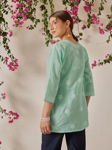 Image of Ada Hand Embroidered Lucknow Chikankari Straight Round Neck Cotton Blend Short Kurti Tunic Top for Women A911333