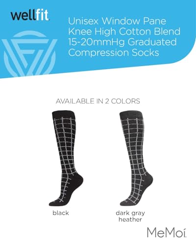MeMoi Wellfit Unisex Window Pane Knee High Cotton Blend 15-20mmHg Graduated Compression Socks Dark Gray Heather 10-132
