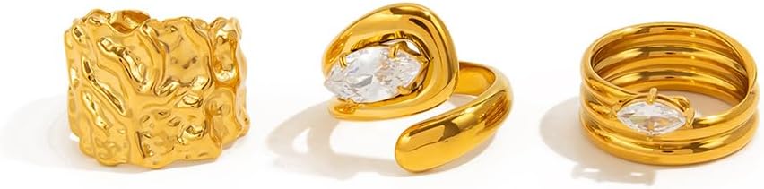 3Pcs Chunky Gold Zirconia Knuckle Finger Rings for Women Non Tarnish Statement Stackable Silver Hammered Thick Y2k Open Ring Unique Party Jewelry Gift - Image 9