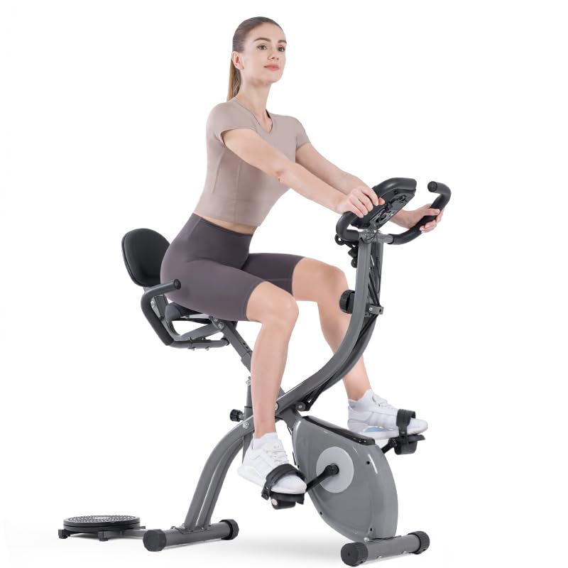 GartistGo Bicicleta estática 3 en 1 con aplicación, plegable en interiores con disco de cintura giratoria, pantalla digital y resistencia magnética de 10 niveles