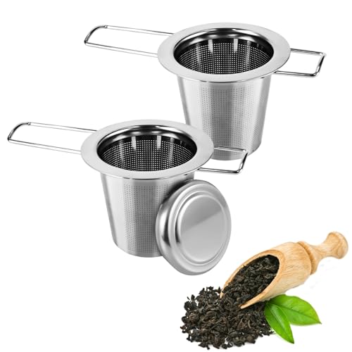 2 Stück Teesieb für Losen Tee, Teesieb für Tasse, Teefilter Edelstahl mit Klappgriff und Deckel,...