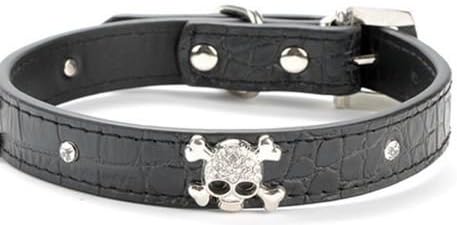 Black Skull Collar More Than 3/4" Wide - Pet Dog Cat Faux Leather Sparkle Gemstone Black Collar, Metallic Crystal Rhinestone Gem Dog Collar with Rhinestone Buckle - For the Best Fashion Pet Pal (M)