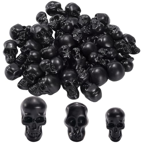 GORGECRAFT 50pcs 3 Tailles de Mini Tête de Mort Noire en Plastique Figurine de Tête de Mort Décoration d'halloween Tête de Squelette Micro Paysage d'halloween...