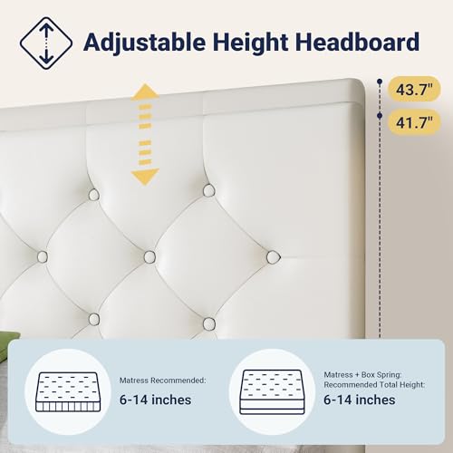 Image of Allewie Upholstered Full Size Platform Bed Frame with 4 Storage Drawers and Headboard, Diamond Stitched Button Tufted, Mattress Foundation with Wooden Slats Support, No Box Spring Needed, White