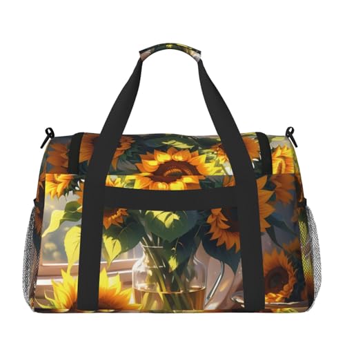 Romantic Sunflowers Print Travel Duffle Bag - Foldable Personal Item Travel Bag for Women & Men,Carry-On Convertible Crossbody Tote Bags with Adjustable Shoulder Strap & Pockets 13x10.2x19.7 in2
