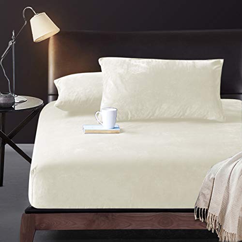 ボックスシーツ 秋冬用 キング パイル地 シーツ ベッドシーツ マイクロファイバー フランネル あったか 暖かい 柔らかい 抗菌防臭 マットレスカバー ベッドカバー (アイボリー, キング・180×200×30cm)