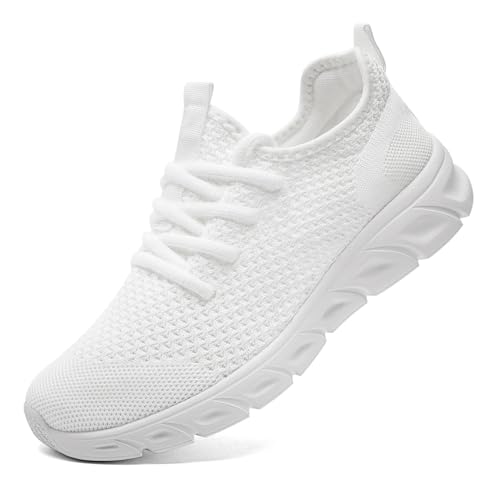 IQYNAM Sneakers for Women Men Tennis Running Slip on Unisex Non-Slip Work Shoes Breathable Walking Workout Gym White Shoes Size Women 9.5/Men 8