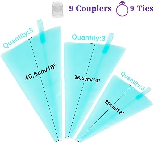 Amazon Com Qozary 9 Pack Reusable Decorating Bags With 14 Tips 42 Pieces Cake Decorating Tools With 9 Piping Icing Bags 14 Piping Tips 9 Couplers 9 Ties And 1 Brush Baking Supplies For Cake Cupcake Home Kitchen
