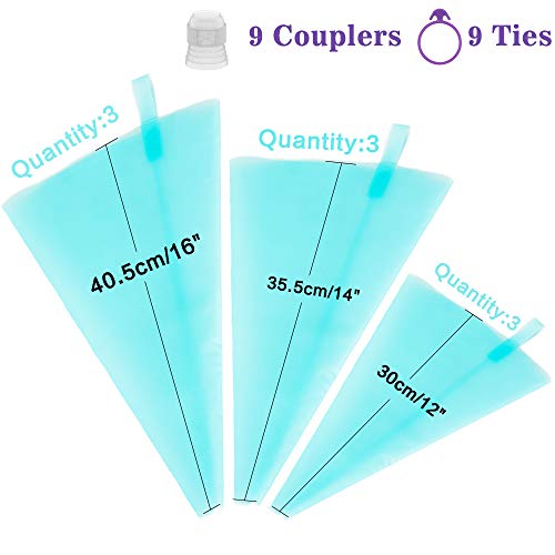 Qozary Reusable Decorating Bags, 9 Pack Silicone Piping Icing Bags, 27 Pieces Cake Decorating Tools With 9 Pastry Bags, 9 Standard Couplers And 9 Ties, Baking Supplies Kit For Cake, Cupcake, Cookies #TOP1