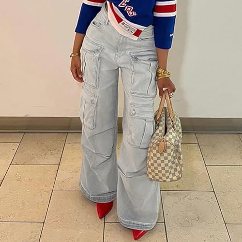 NCDUANSAN Gothic Retro Jeans Women's Pants Street Trend Loose Multi Pocket Stitching Casual Straight Leg Wide Leg Wash3