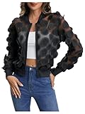 Floerns Women's Sheer Mesh Zip Up Bomber Jacket Long Sleeve Baseball Collar Outwear Tops Black Medium